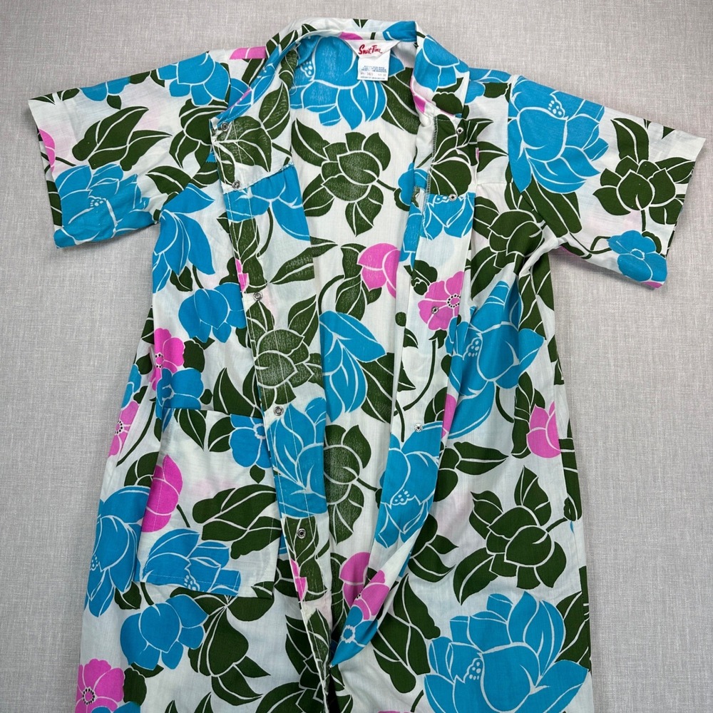 Vtg Retro House Dress Sz 16 Blue Pink Green Floral Muu Muu Duster Smart Time - Picture 6 of 10